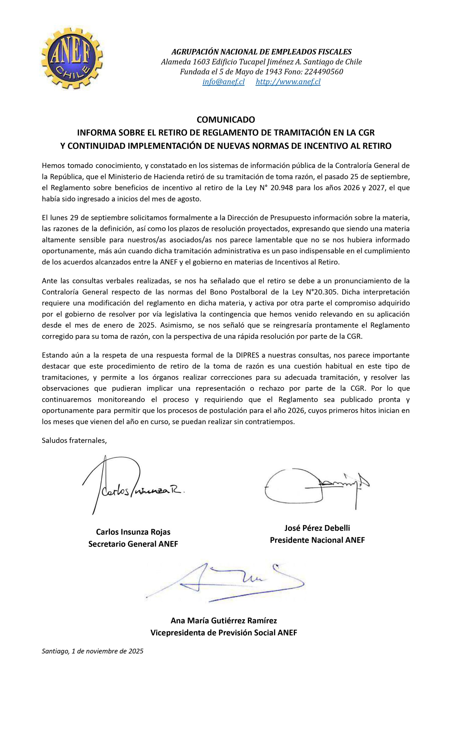 INFORMA SOBRE EL RETIRO DE REGLAMENTO DE TRAMITACIÓN EN LA CGR Y CONTINUIDAD IMPLEMENTACIÓN DE NUEVAS NORMAS DE INCENTIVO AL RETIRO   #ANEF